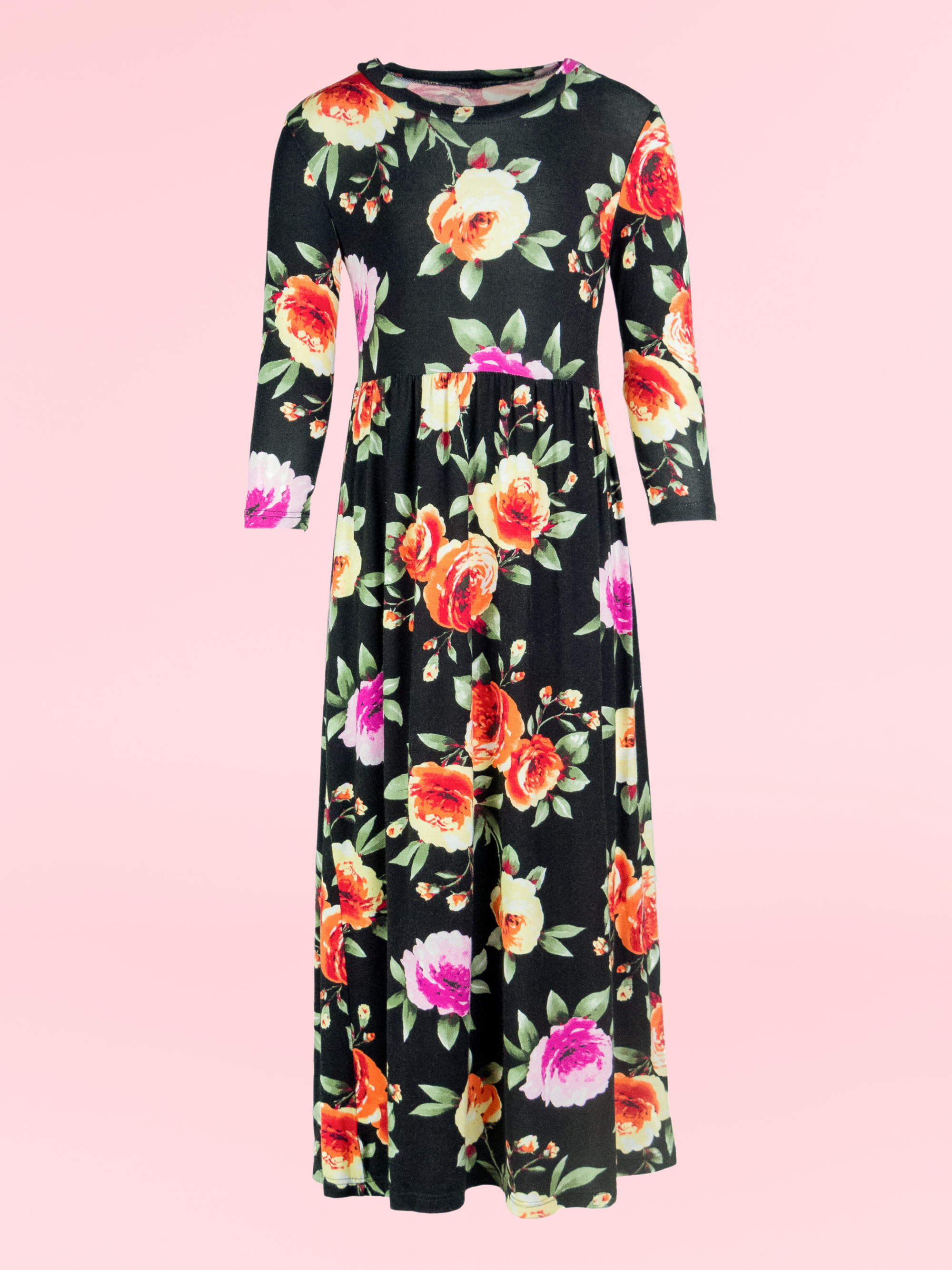24seven Comfort Apparel Girls Floral Pleated Waist Maxi Dress Machine Washable