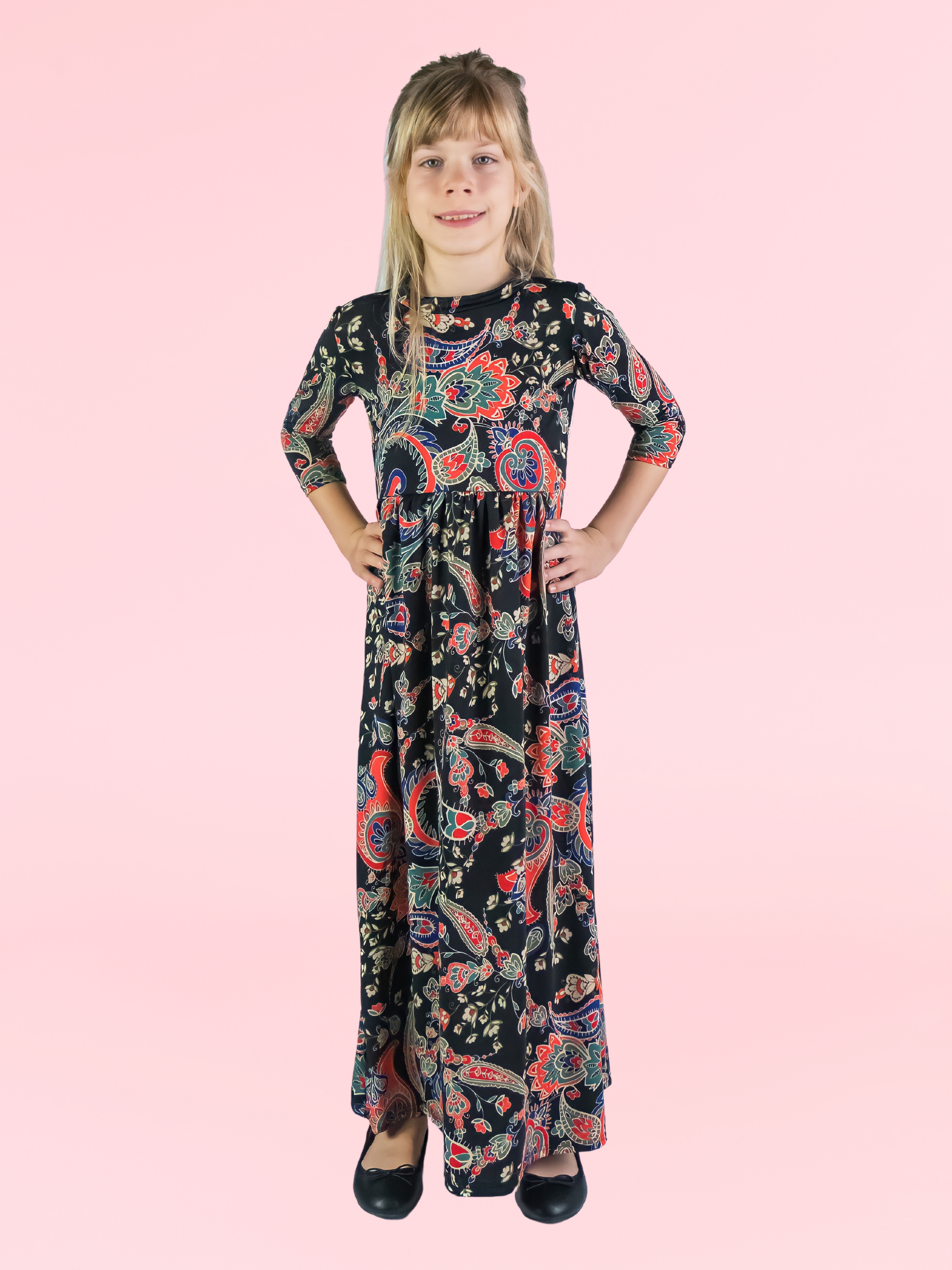 24seven Comfort Apparel Girls Black and Red Paisley Three Quarter Sleeve Pleated Maxi Dress