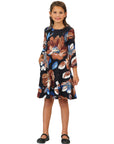 24seven Comfort Apparel Girls Long Sleeve Black Floral Knee Length Pocket Dress