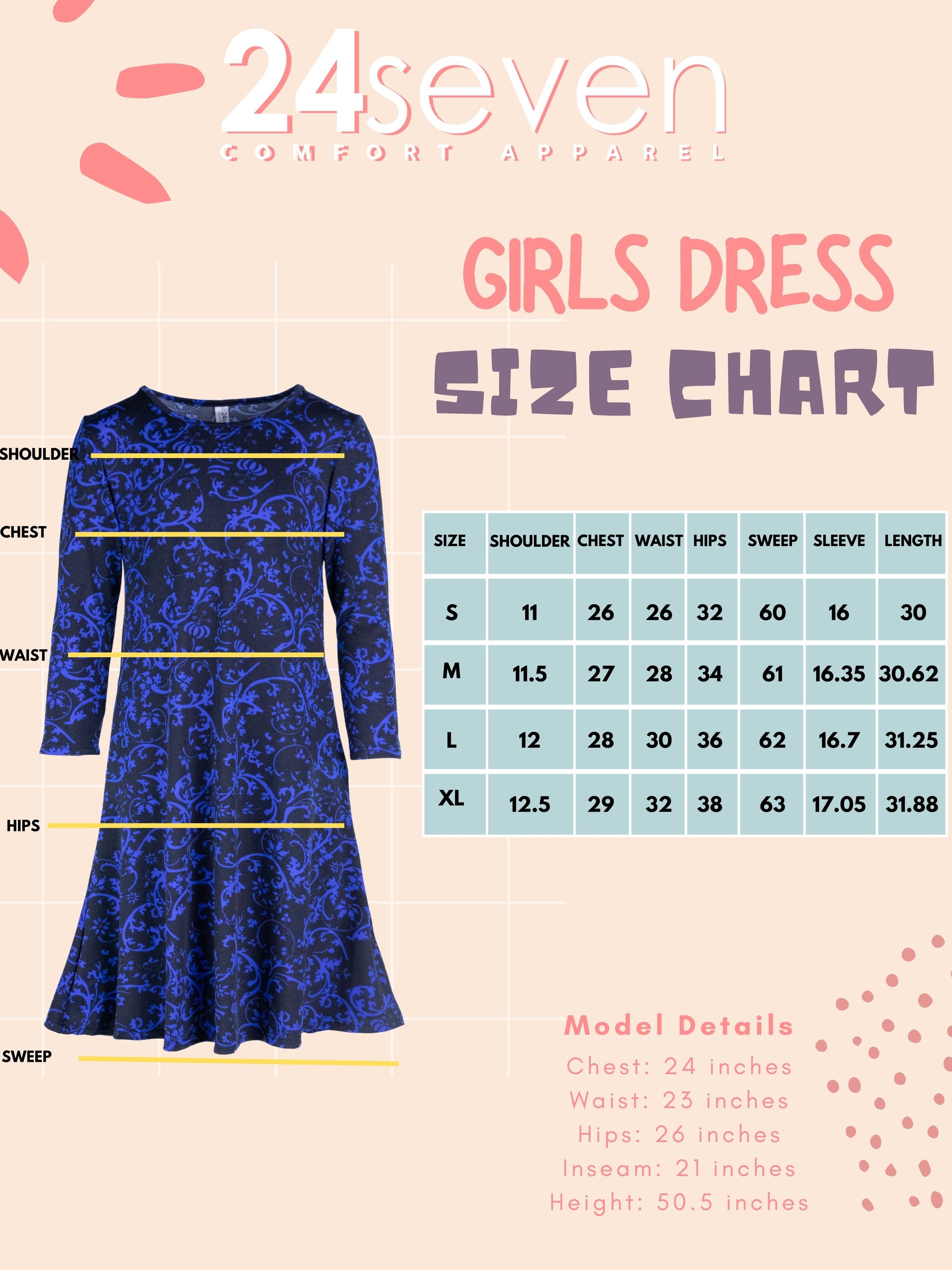 24seven Comfort Apparel Girls Black and Blue Long Sleeve Loose Fit Knee Length Tunic Pocket Dress