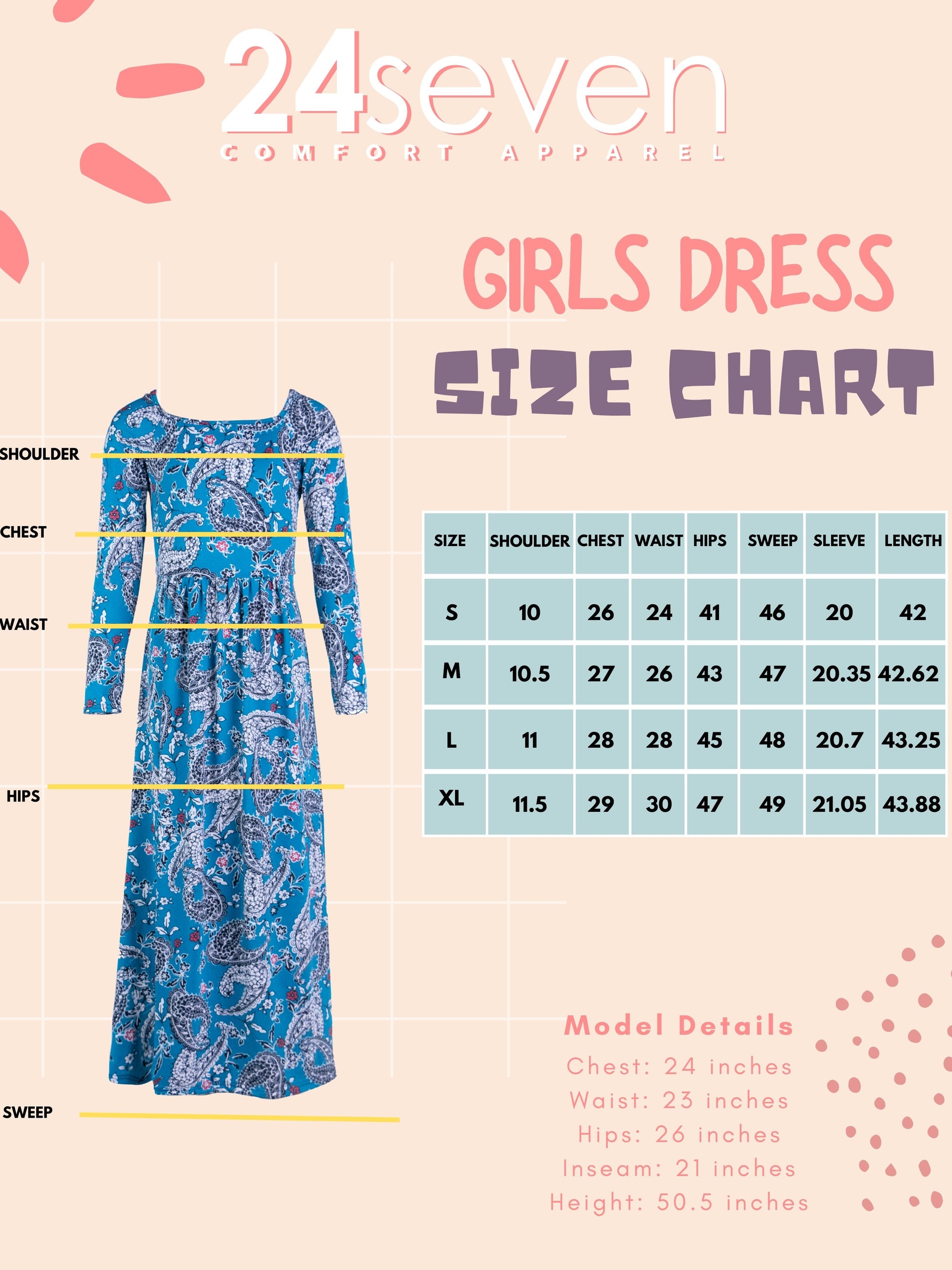 24seven Comfort Apparel Girls Blue Paisley Long Sleeve Pleated Maxi Dress