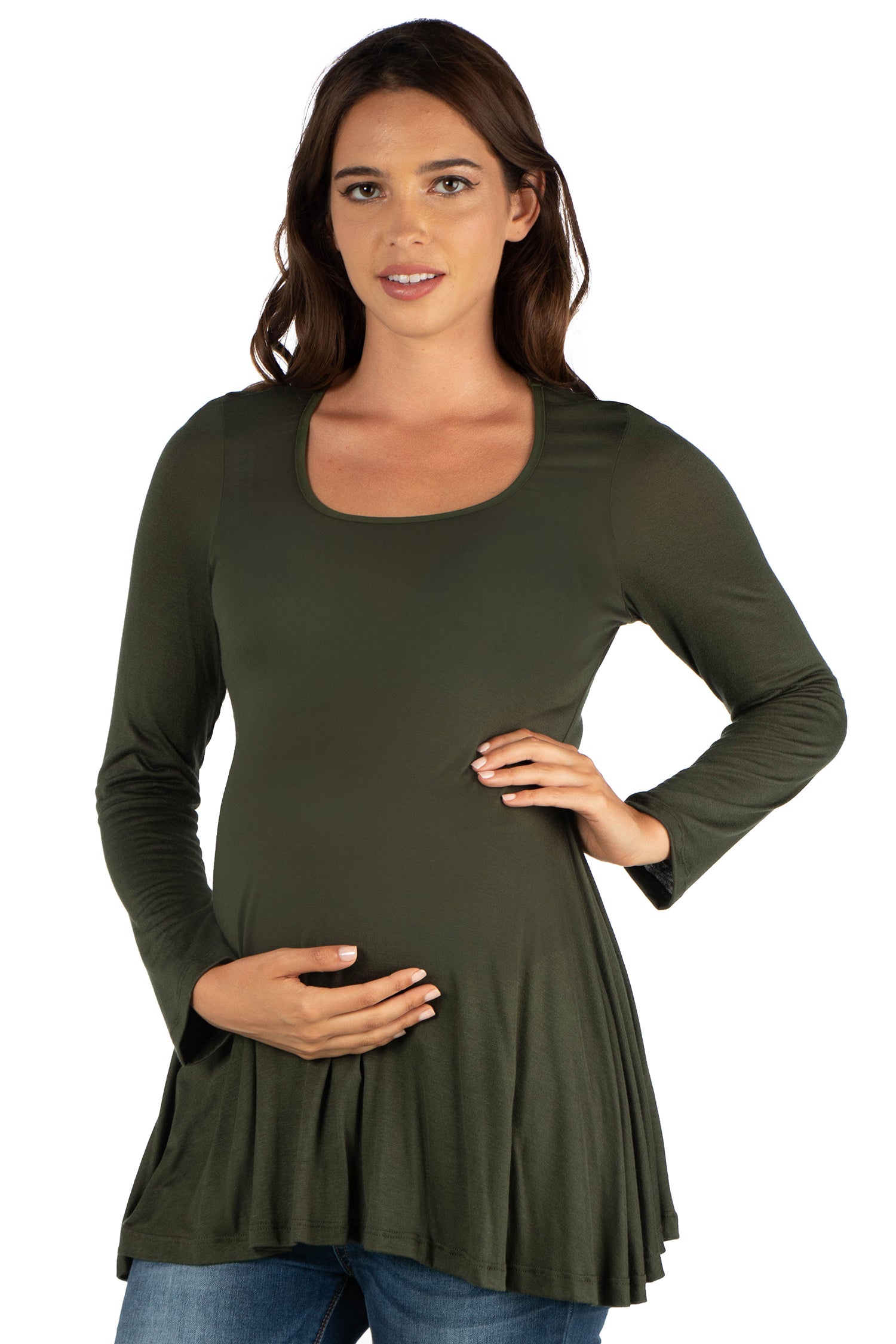 Long Sleeve Solid Color Swing Style Flared Maternity Tunic Top