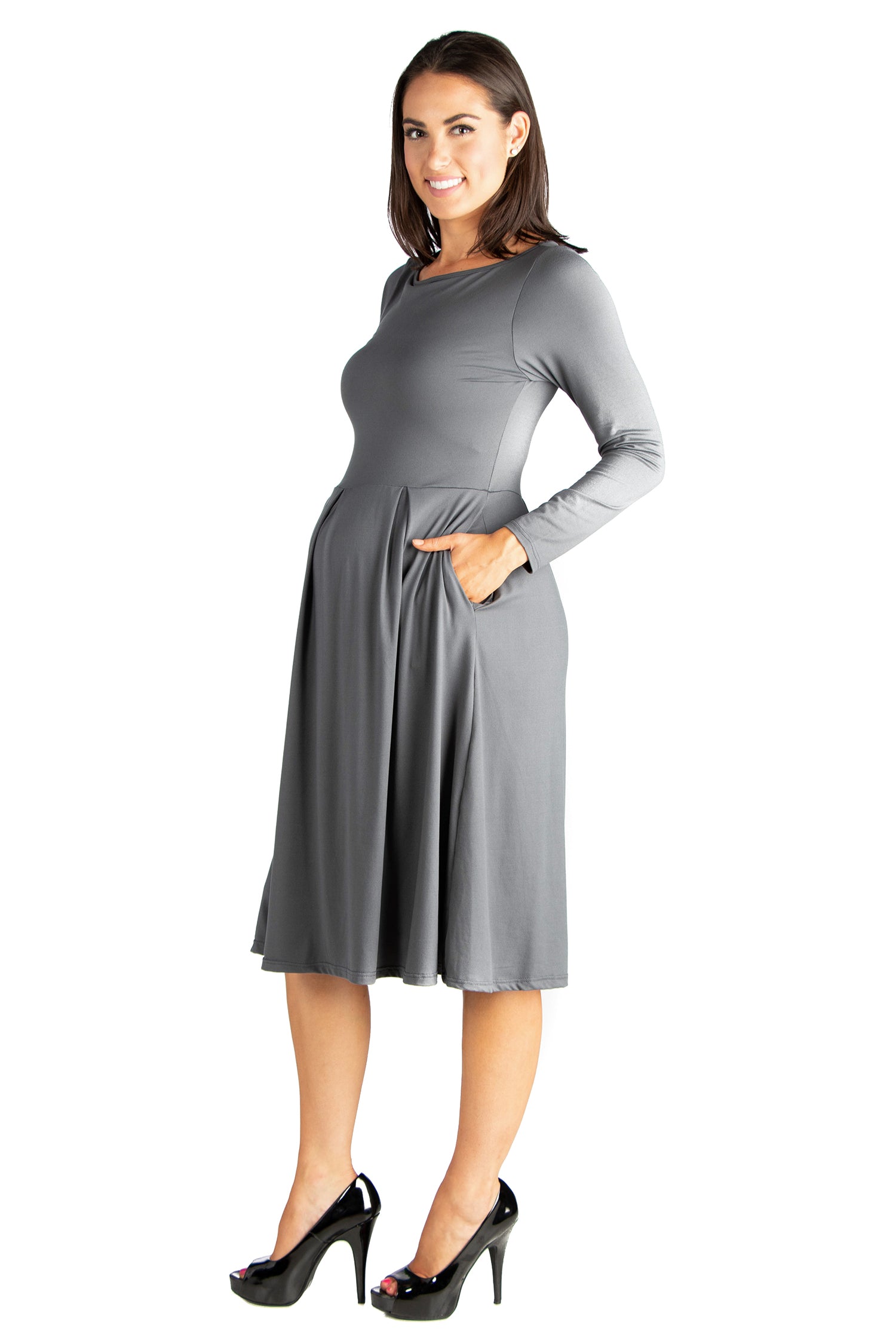 Midi Length Fit N Flare Pocket Maternity Dress