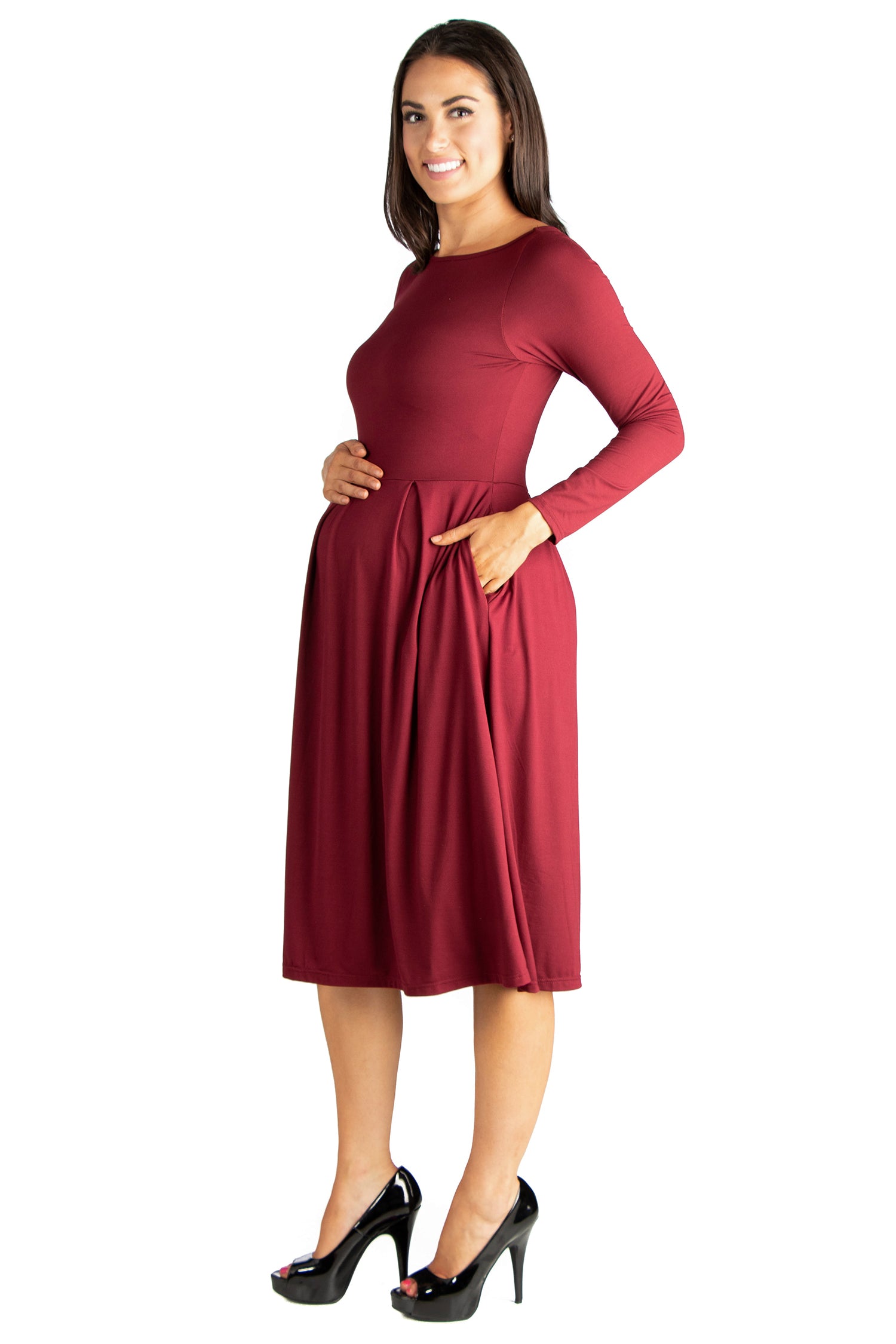 Midi Length Fit N Flare Pocket Maternity Dress