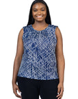 Plus Size Navy Print Pleated Crew Neckline Back Closure Sleeveless Top