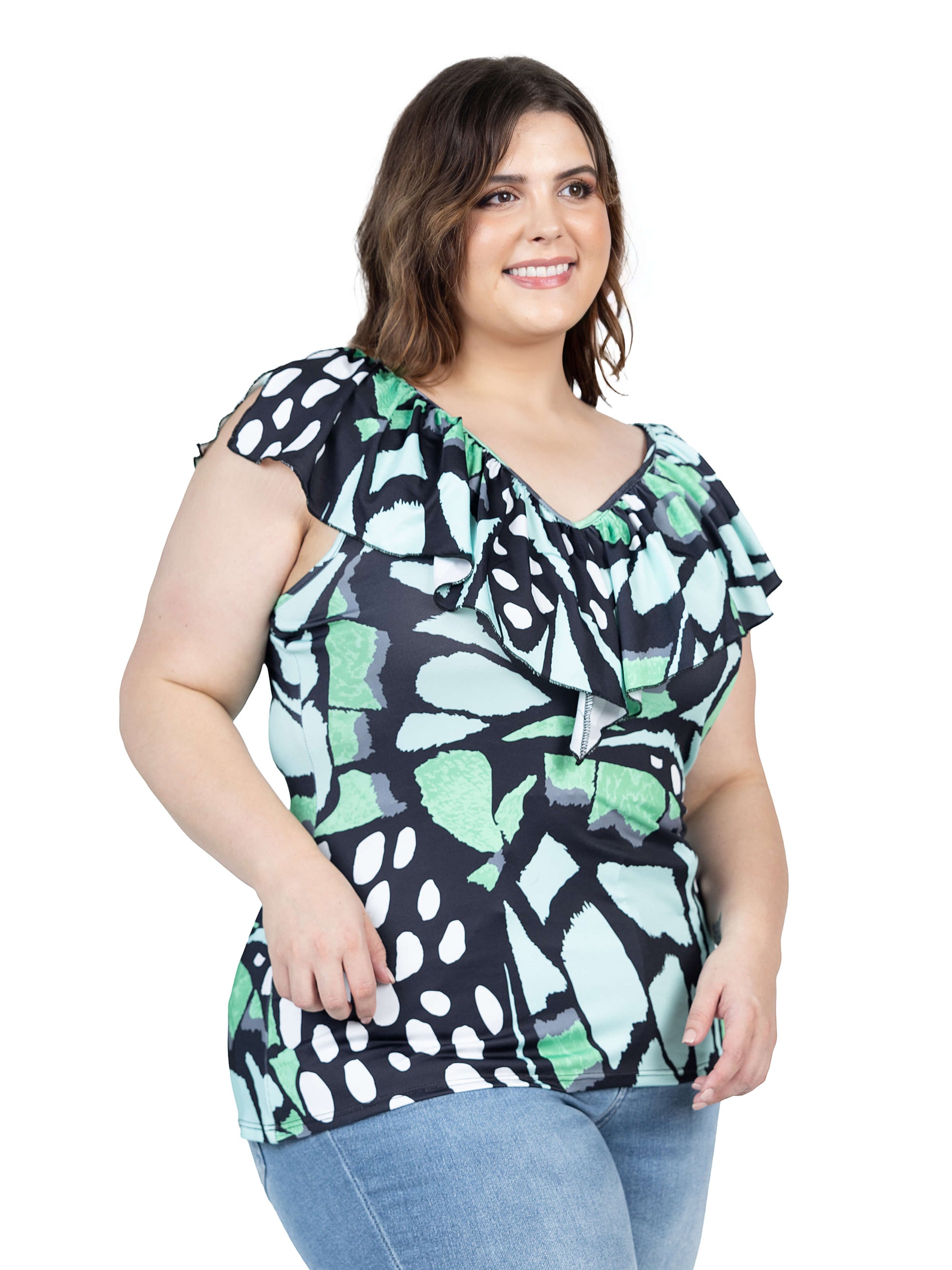 Cap Sleeve Green Butterfly Print Ruffle V Neck Plus Size Top