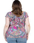 Cap Sleeve Pink Paisley Print Ruffle V Neck Plus Size Top