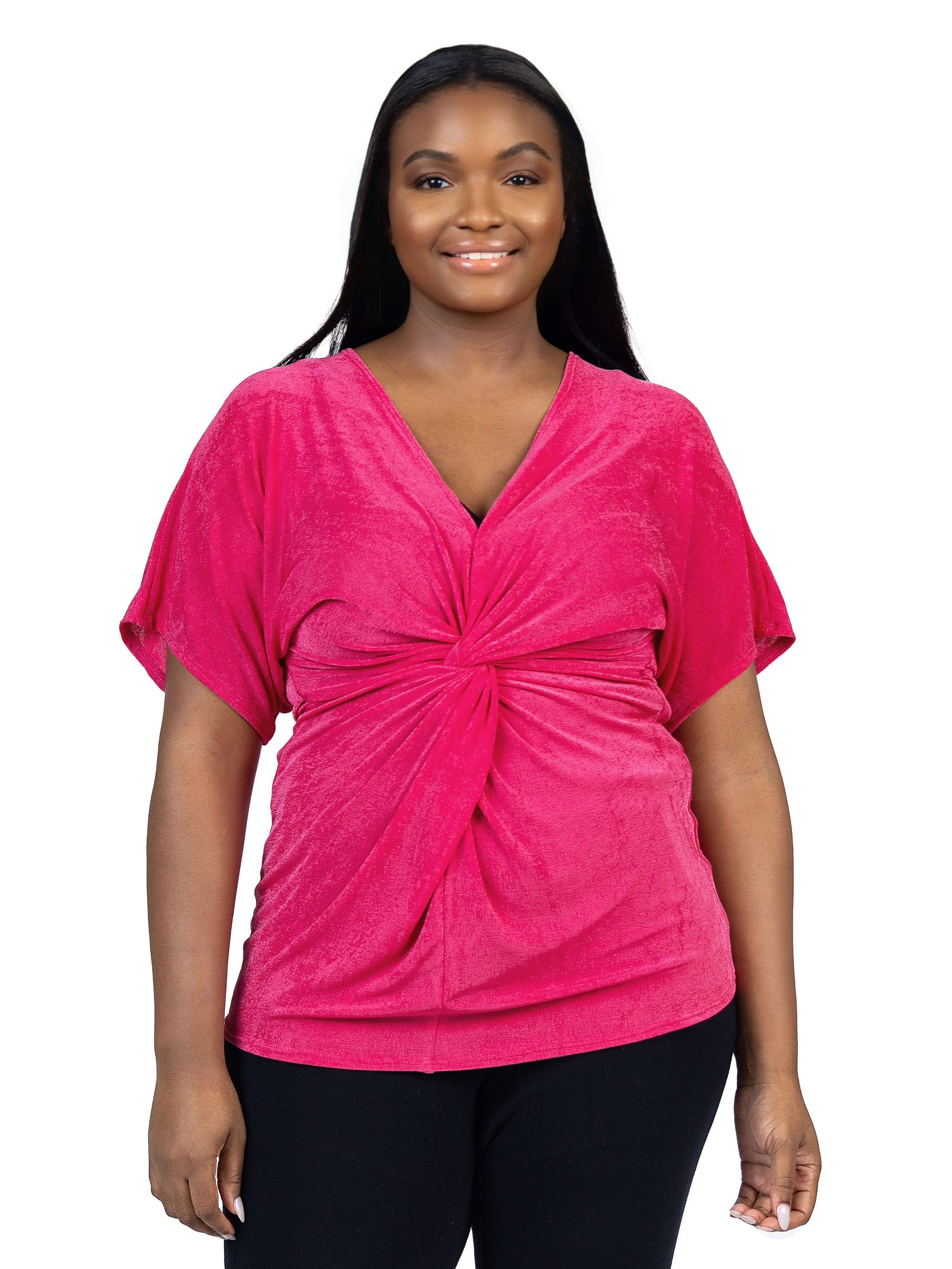 Plus Size V Neck Knot Front Kimono Sleeve Top