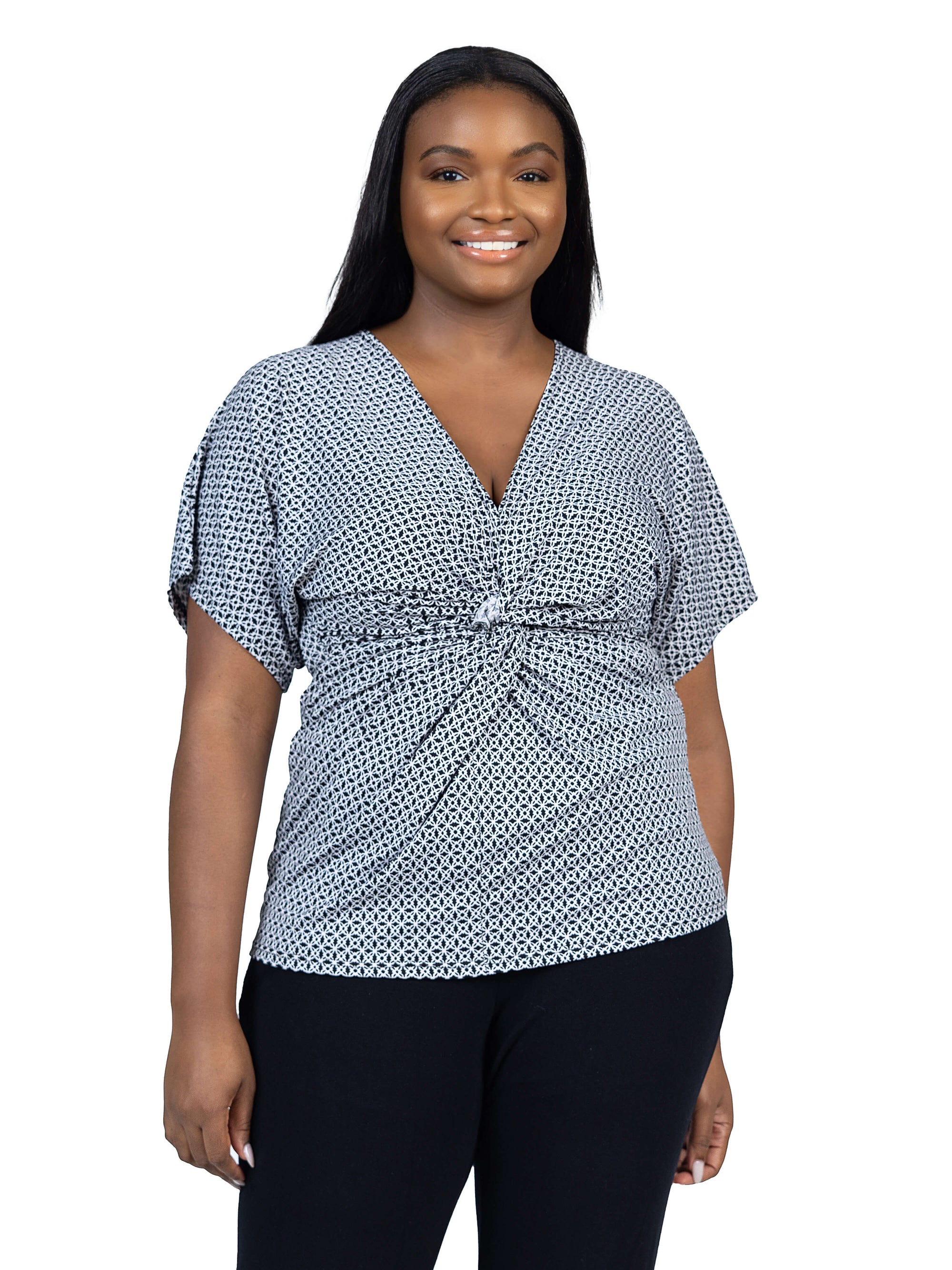 Plus Size V Neck Geometric Print Knot Front Kimono Sleeve Top
