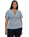 Plus Size V Neck Geometric Print Knot Front Kimono Sleeve Top
