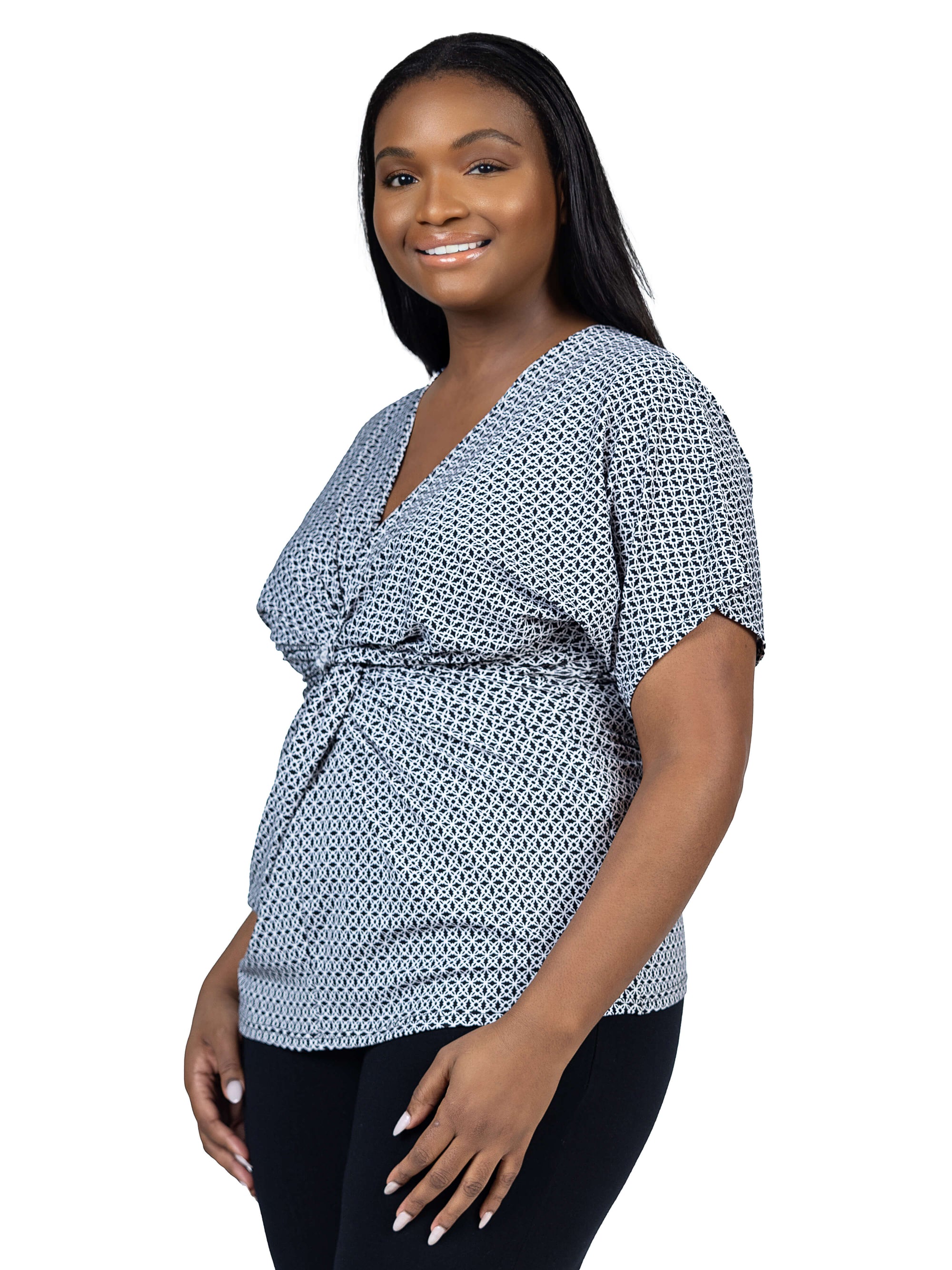 Plus Size V Neck Geometric Print Knot Front Kimono Sleeve Top