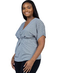 Plus Size V Neck Geometric Print Knot Front Kimono Sleeve Top