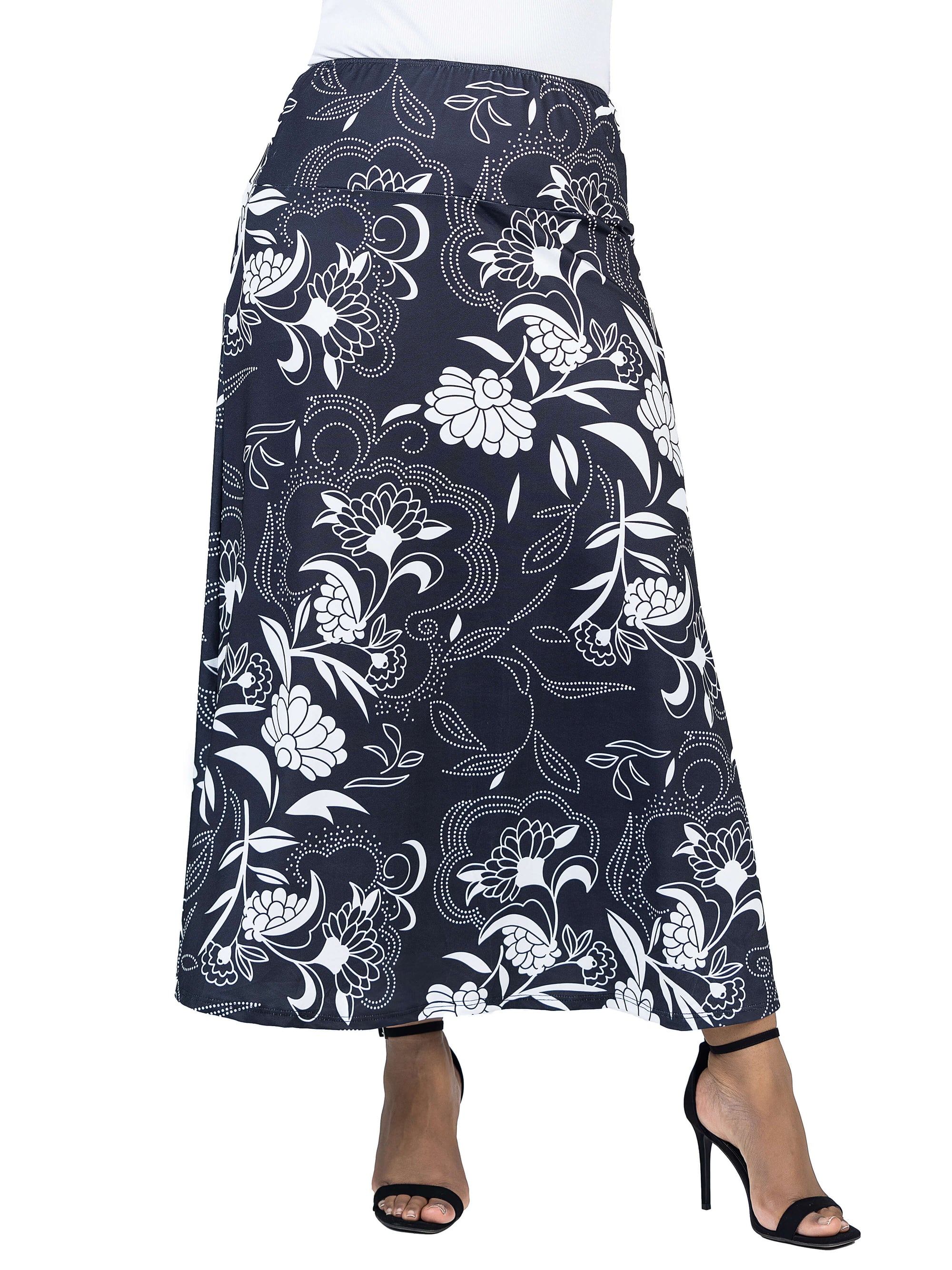 Black and White Floral Plus Size Elastic Waist Ankle Length Comfortable Maxi Skirt