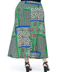 Green Scarf Print Plus Size  Elastic Waist Ankle Length Comfortable Maxi Skirt