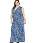 Plus Size Navy Abstract  Print V Neck Empire Waist Sleeveless Maxi Dress