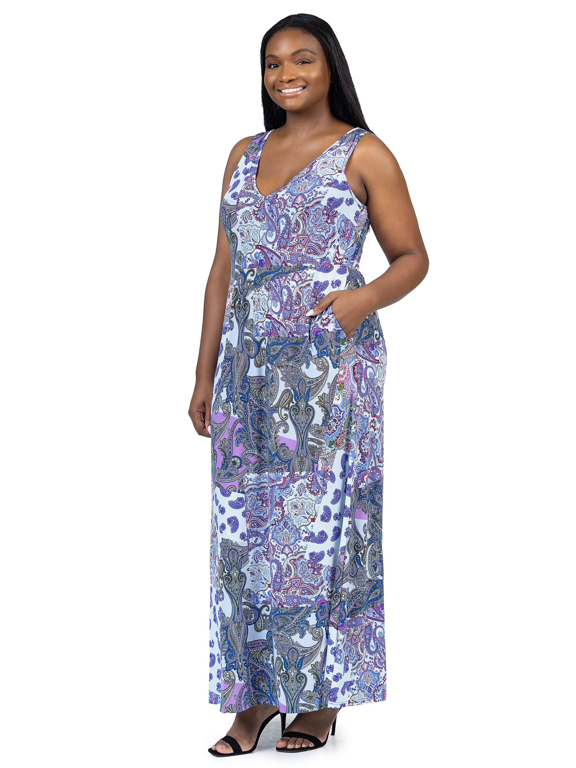 Plus Size Purple Paisley Sleeveless V Neck Maxi Dress With Pockets