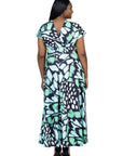 Plus Size Oversized Butterfly Print V Neck Empire Waist Kimono Cap Sleeve Maxi Dress