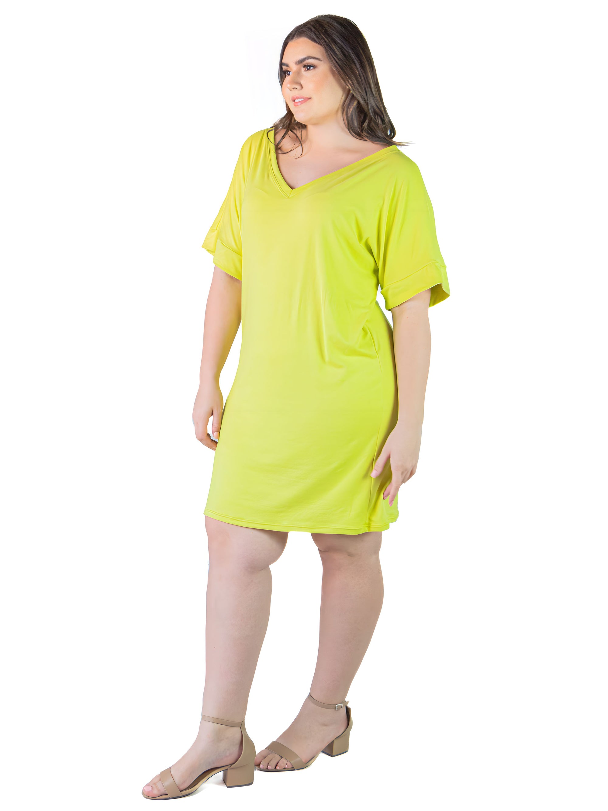 Plus Size Solid Color Loose Fit V Neck T Shirt Style Knee Length Dress