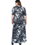 Plus Size  Black and White Elbow Sleeve Casual A Line Maxi Dress