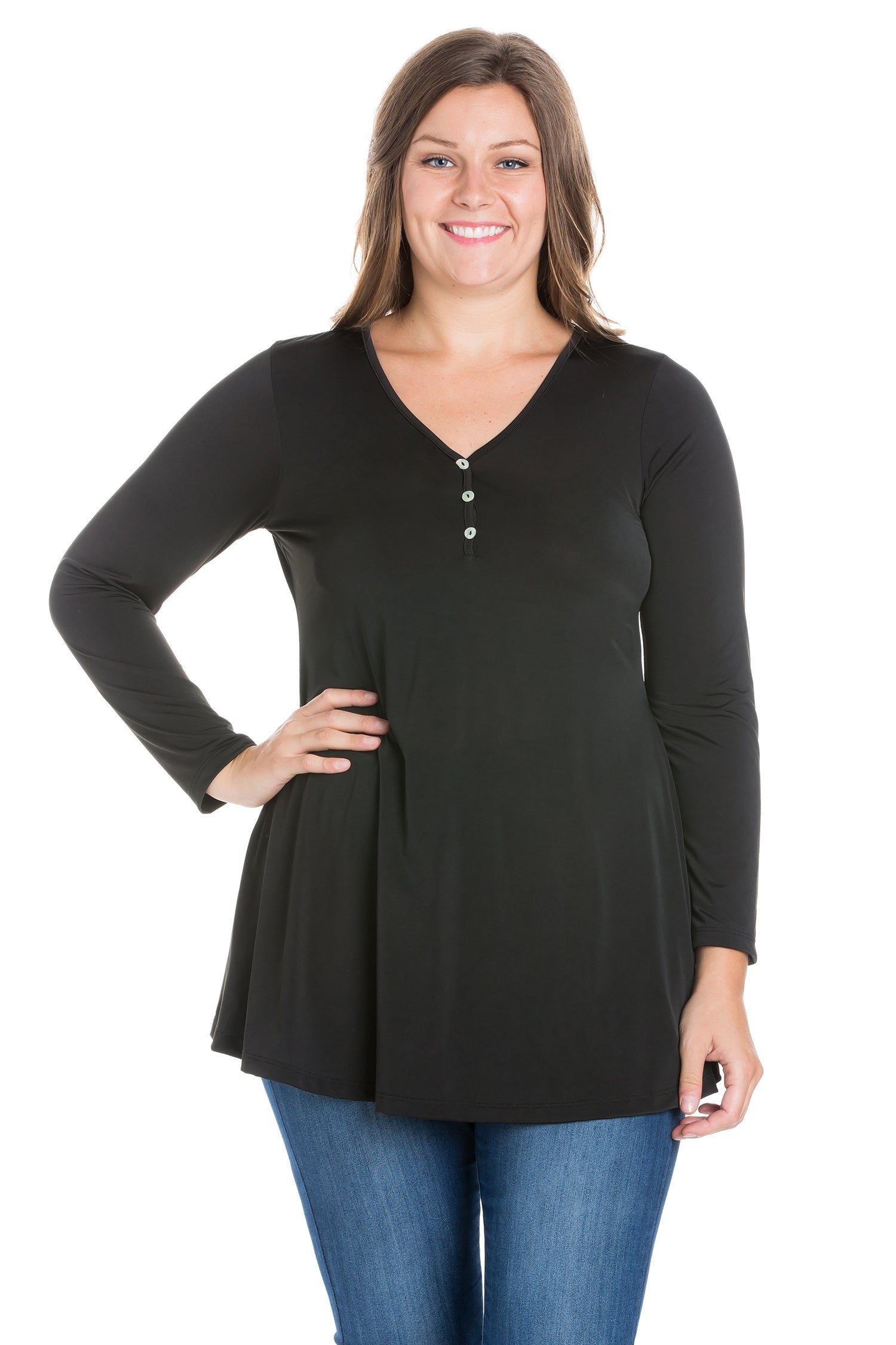 Flared Long Sleeve Plus Size Henley Tunic Top