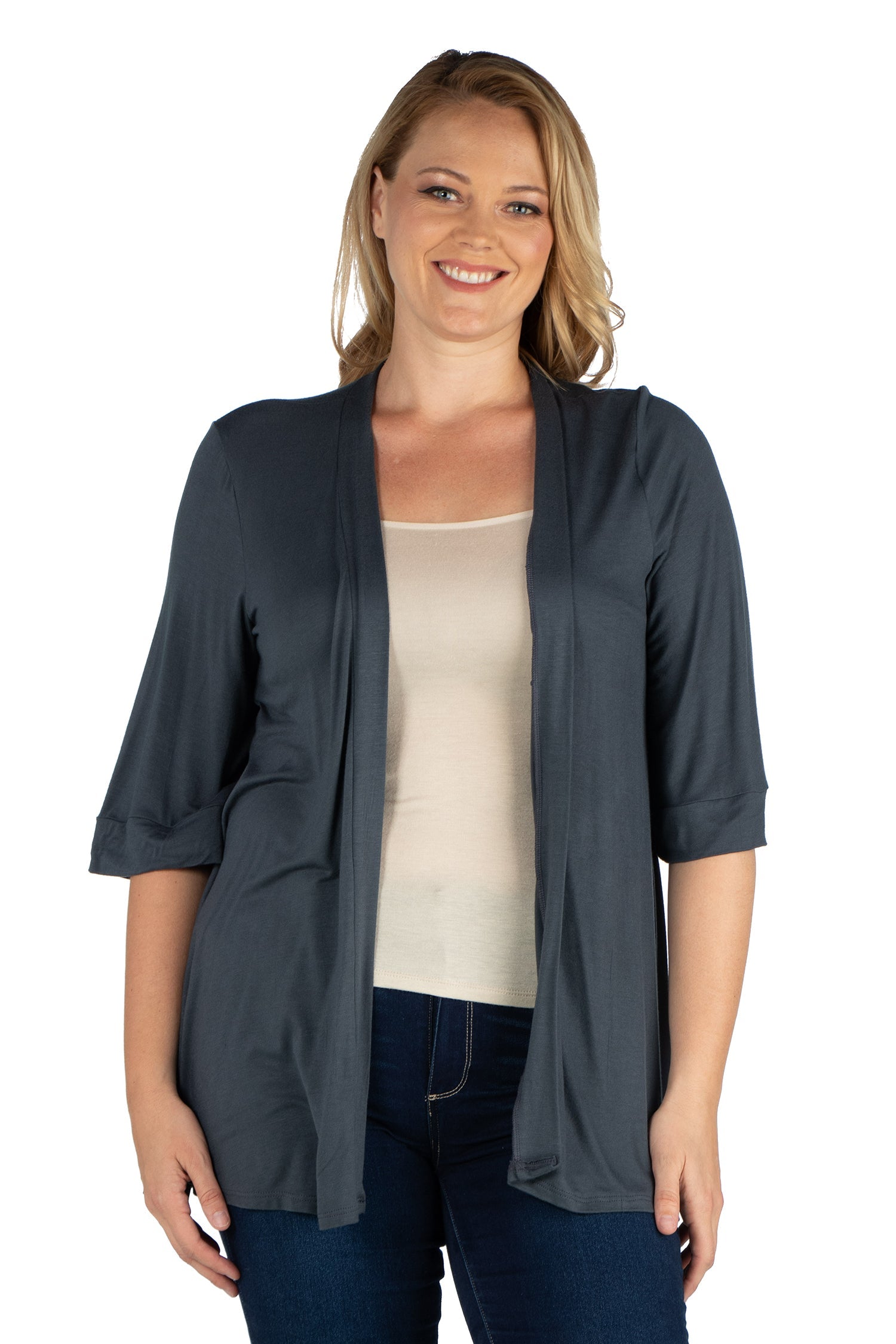 Elbow Length Sleeve Open Front Plus Size Cardigan