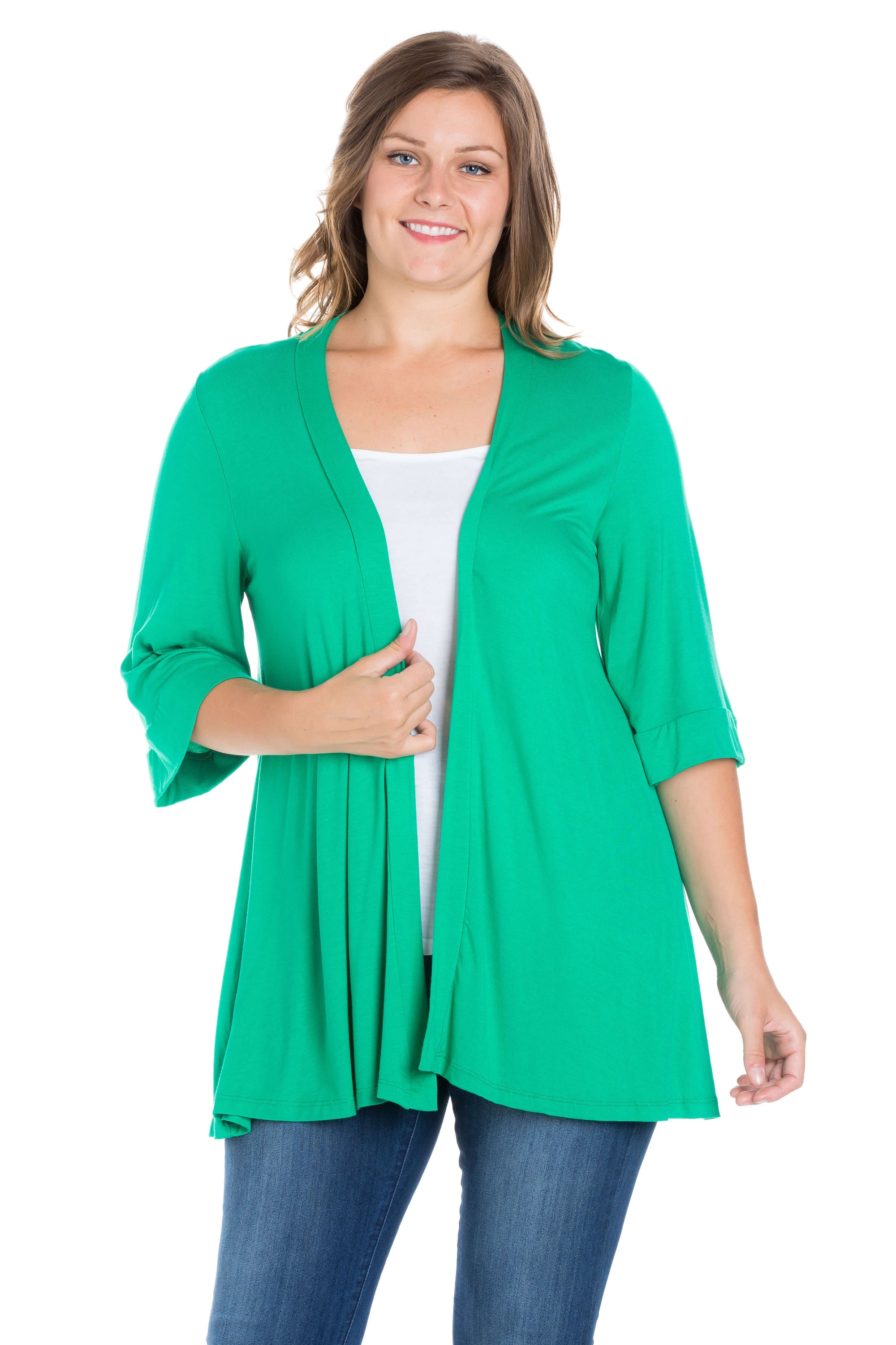 Elbow Length Sleeve Open Front Plus Size Cardigan