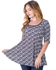 Womens Black Geometric Print Elbow Sleeve Casual Tunic Top