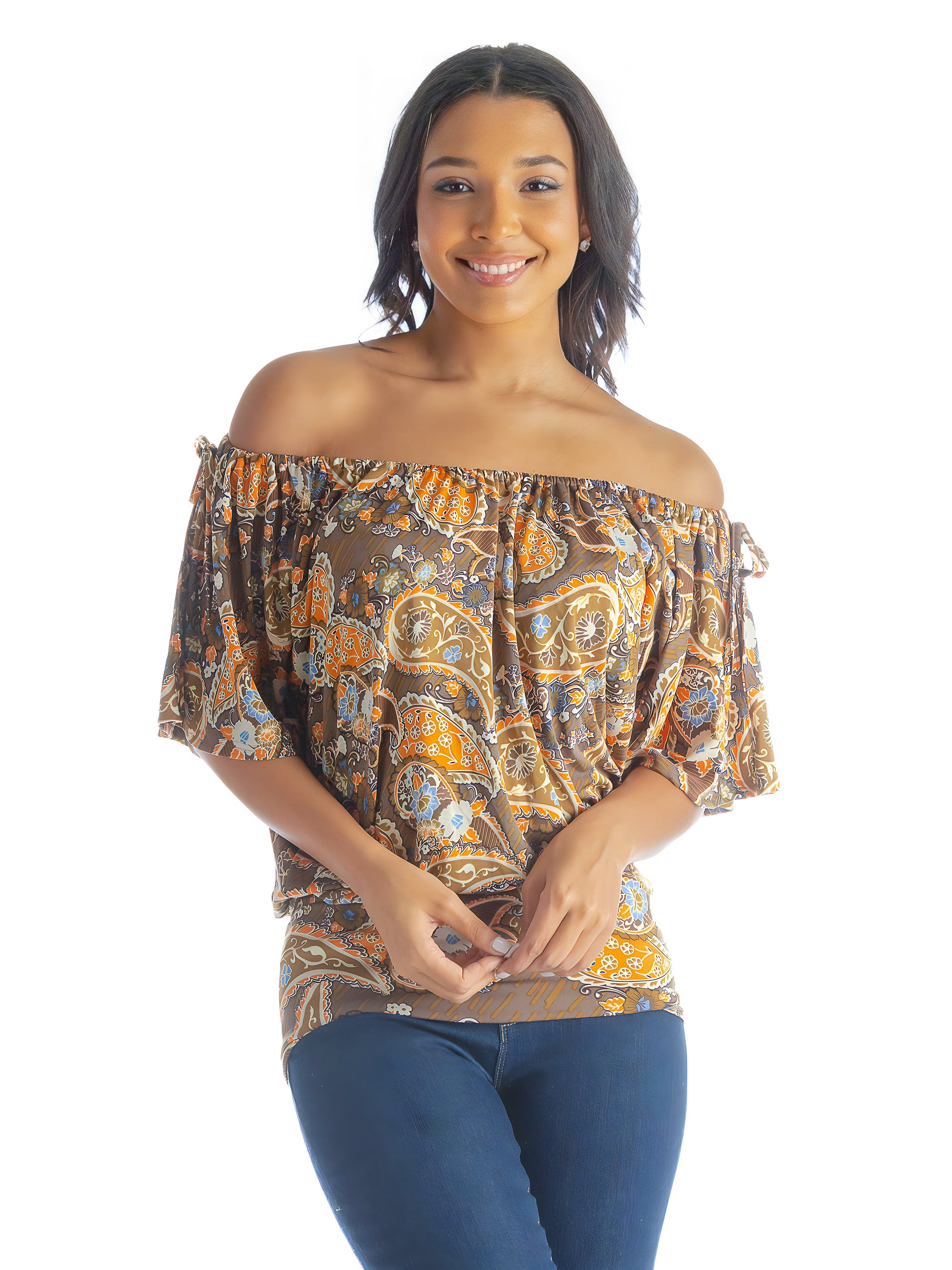 Womens Brown Paisley Short Sleeve Split Shoulder Top