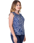 Womens Navy Print Pleated Crew Neckline Back Closure Sleeveless Top