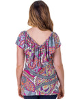 Cap Sleeve Pink Paisley Print Ruffle V Neck Womens Top