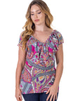 Cap Sleeve Pink Paisley Print Ruffle V Neck Womens Top