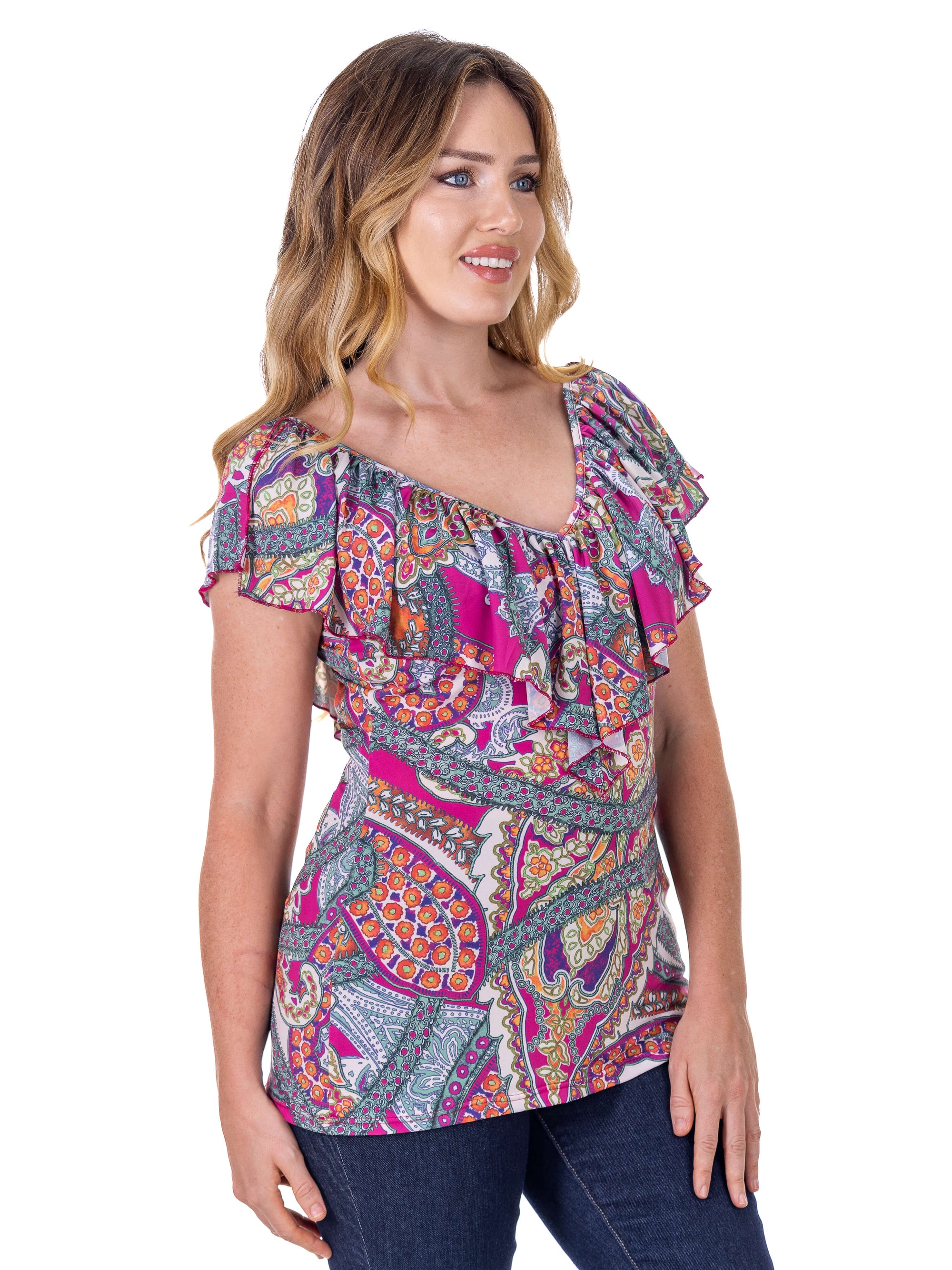 Cap Sleeve Pink Paisley Print Ruffle V Neck Womens Top