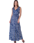 Womens Navy Abstract  Print V Neck Empire Waist Sleeveless Maxi Dress