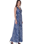 Womens Navy Abstract  Print V Neck Empire Waist Sleeveless Maxi Dress