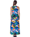 Womens Teal Floral Print Sleeveless Casual Maxi Dress With Pockets