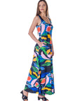 Womens Teal Floral Print Sleeveless Casual Maxi Dress With Pockets