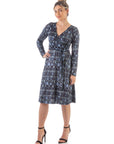 Grey Long Sleeve Knee Length Faux Wrap Dress