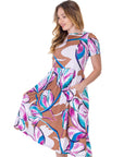 Womens Abstract Floral Short Sleeve Pleated Flare Midi Pocket Dress