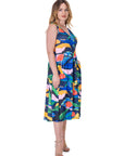 Womens Midi Length Multicolor Sleeveless Pleated Pocket Dress