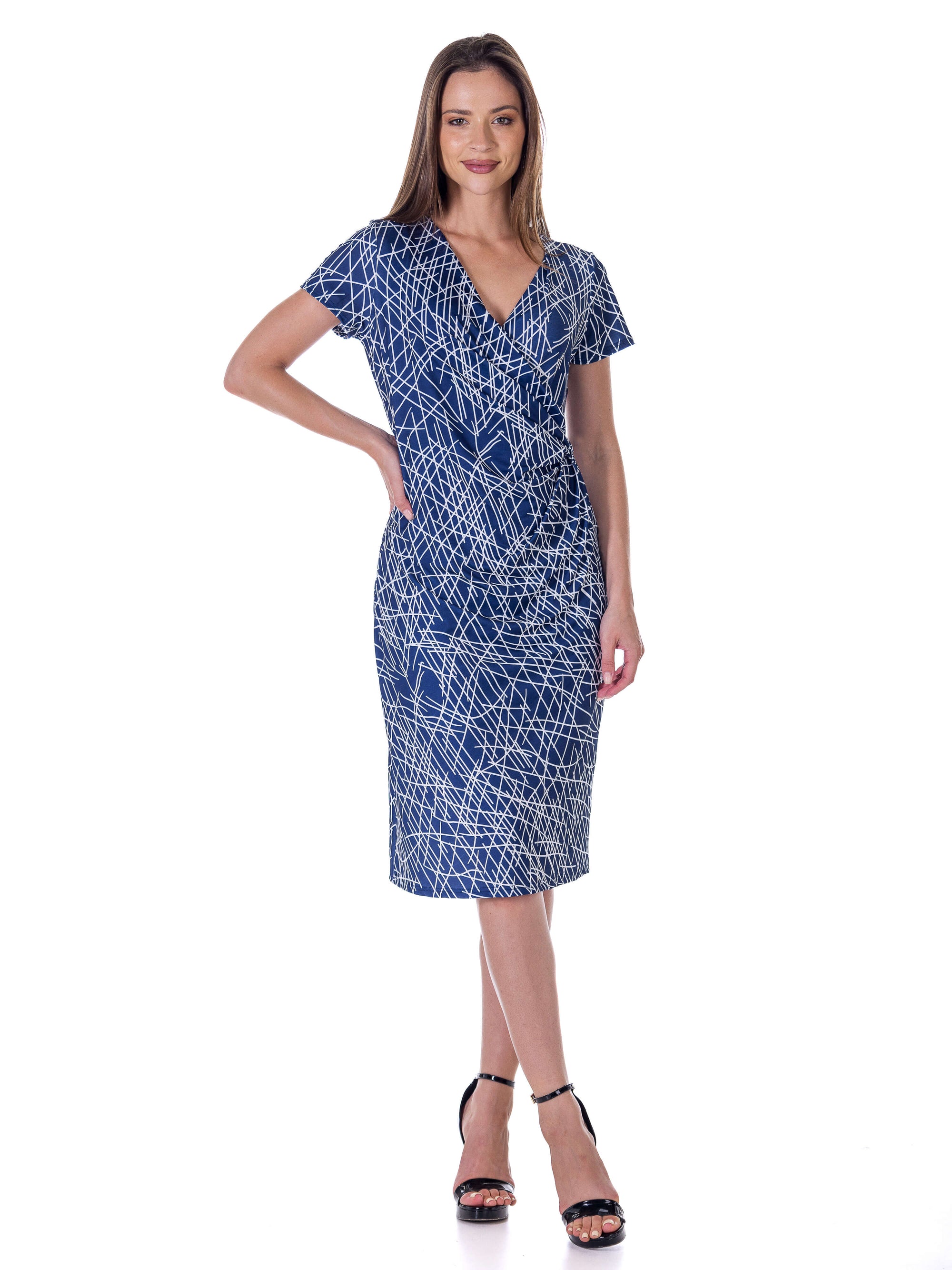 Navy Geometric Print Knee Length Short Sleeve Faux Wrap Dress