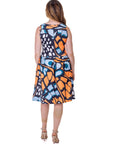 Orange Butterfly Print Sleeveless Pleated Knee Length Pocket Dress