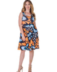 Orange Butterfly Print Sleeveless Pleated Knee Length Pocket Dress