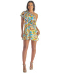 Yellow Floral Print One ShoulderRuffle Mini Dress