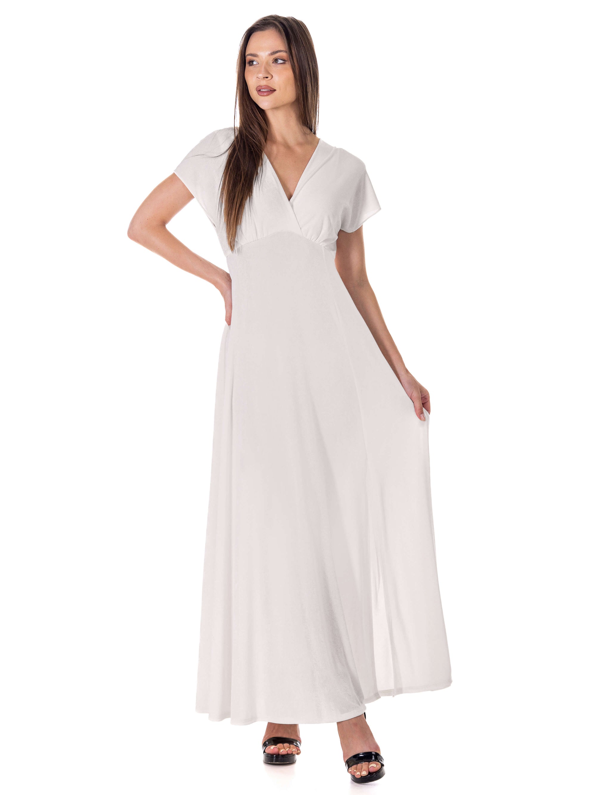 Womens Flutter Sleeve Metallic Knit Maxi Dress Front Slit Empire Waist