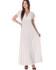 Womens Flutter Sleeve Metallic Knit Maxi Dress Front Slit Empire Waist