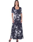 Womens  Black and White Elbow Sleeve Casual A Line Maxi Dress