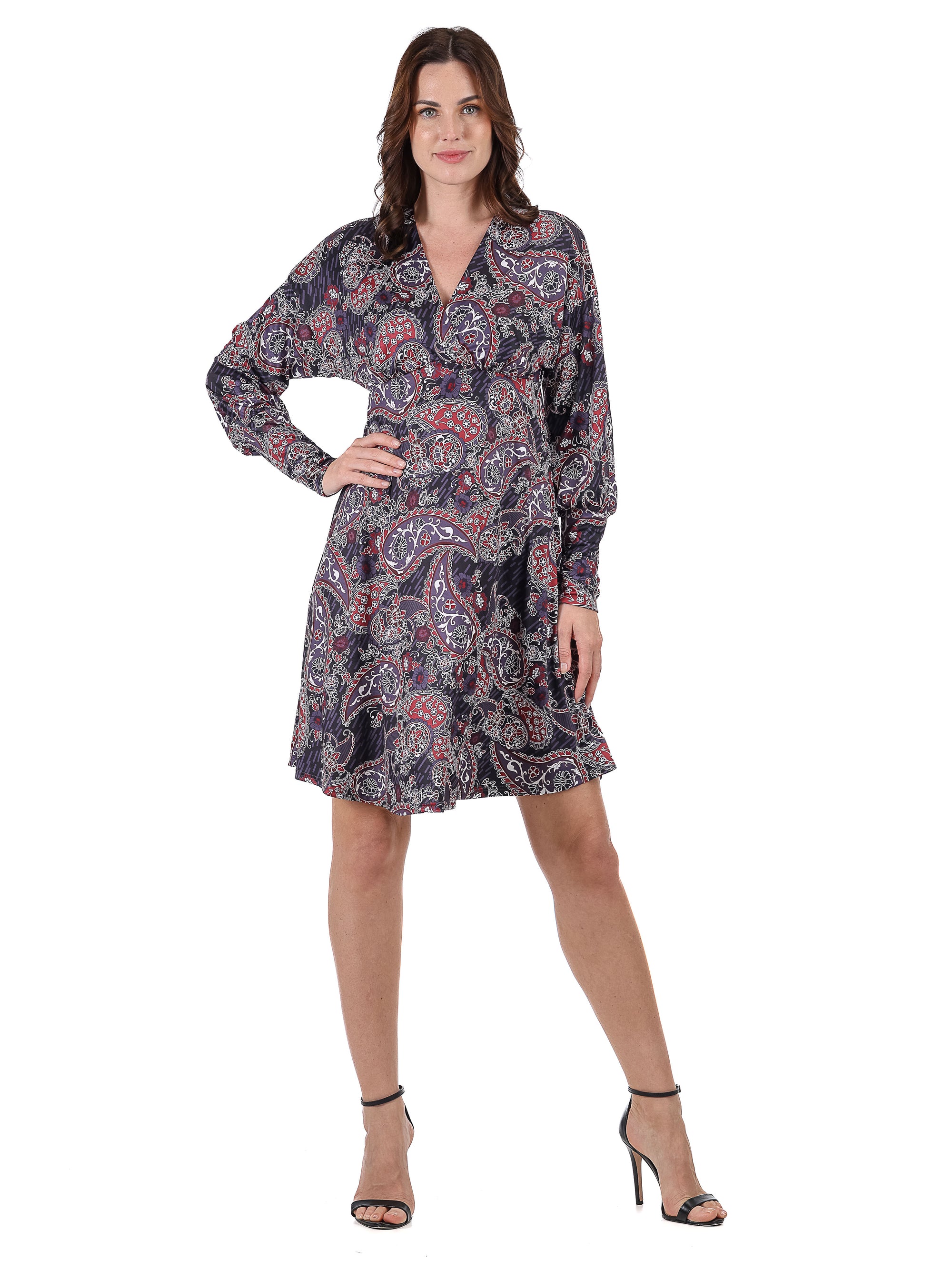 Grey Paisley Dolman Long Sleeve Cocktail Dress