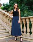 Womens Elastic Waist Solid Color Maxi Skirt