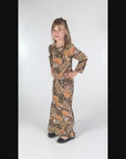 24seven Comfort Apparel Brown Fall Print Girls Long Sleeve Side Slit Maxi Dress