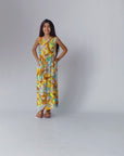Girls Yellow Floral Print Sleeveless Maxi Dress